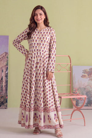 Beige Printed Linen Anarkali Kurta Online in Dubai UAE Abudhabi Ajman Sharjah