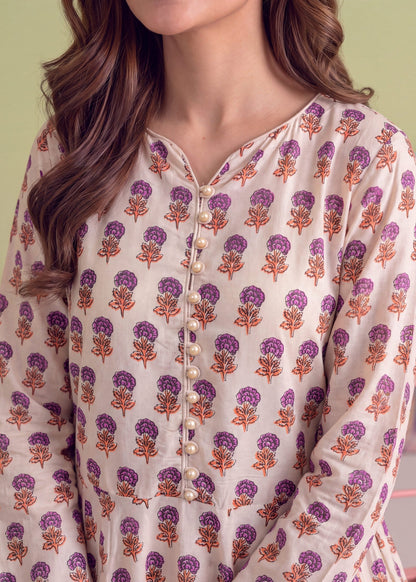 Beige Printed Linen Anarkali Top Online in UK USA Canada