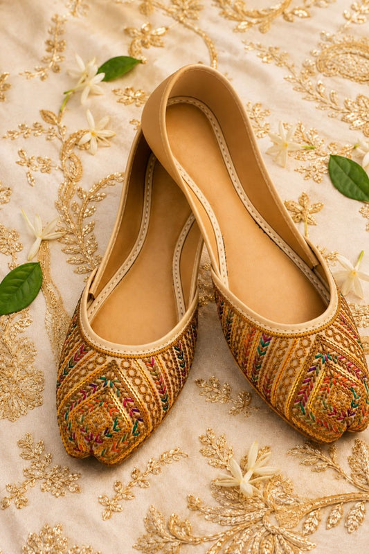 Beige Rexine Khussa Ladies Ethnic Shoes Online in Dubai UAE Abudhabi Ajman Sharjah