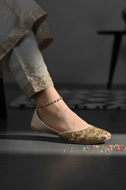 Beige Rexine Khussa with Leather Sole Online in Dubai UAE Abudhabi Ajman Sharjah