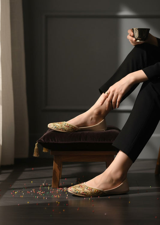 Beige Rexine Khussa with Leather Sole Online in UK USA Canada
