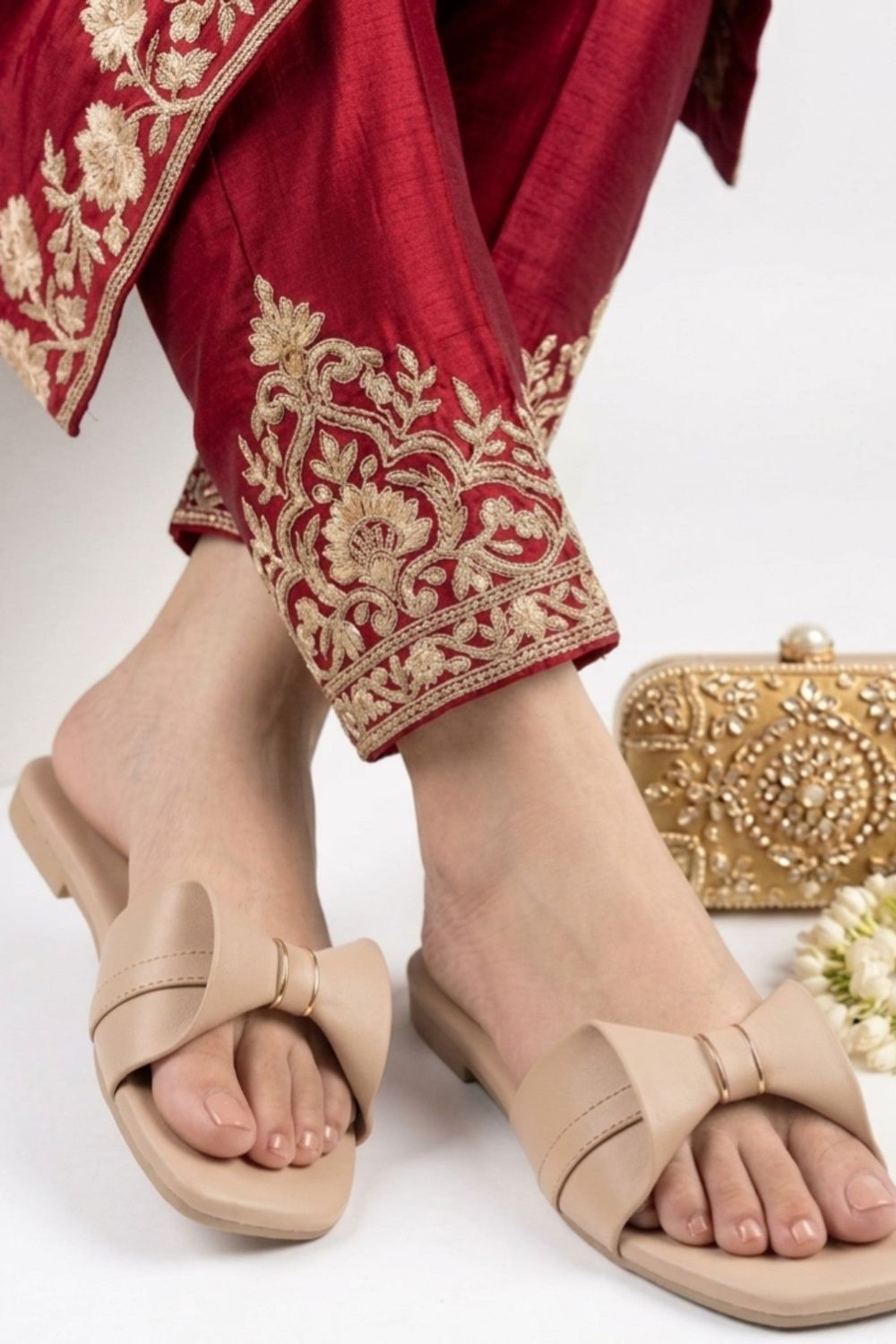 Beige Rexine Ladies Ethnic Flats Online in Dubai UAE Abudhabi Ajman Sharjah