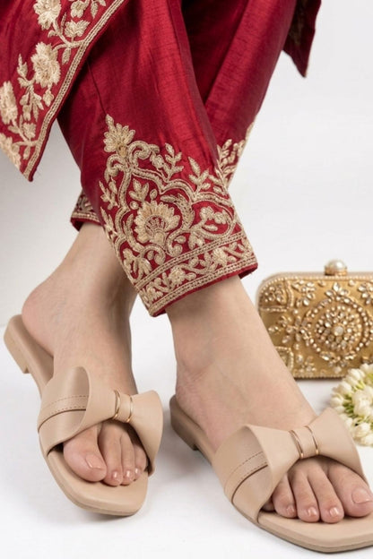 Beige Rexine Ladies Ethnic Flats Online in Dubai UAE Abudhabi Ajman Sharjah
