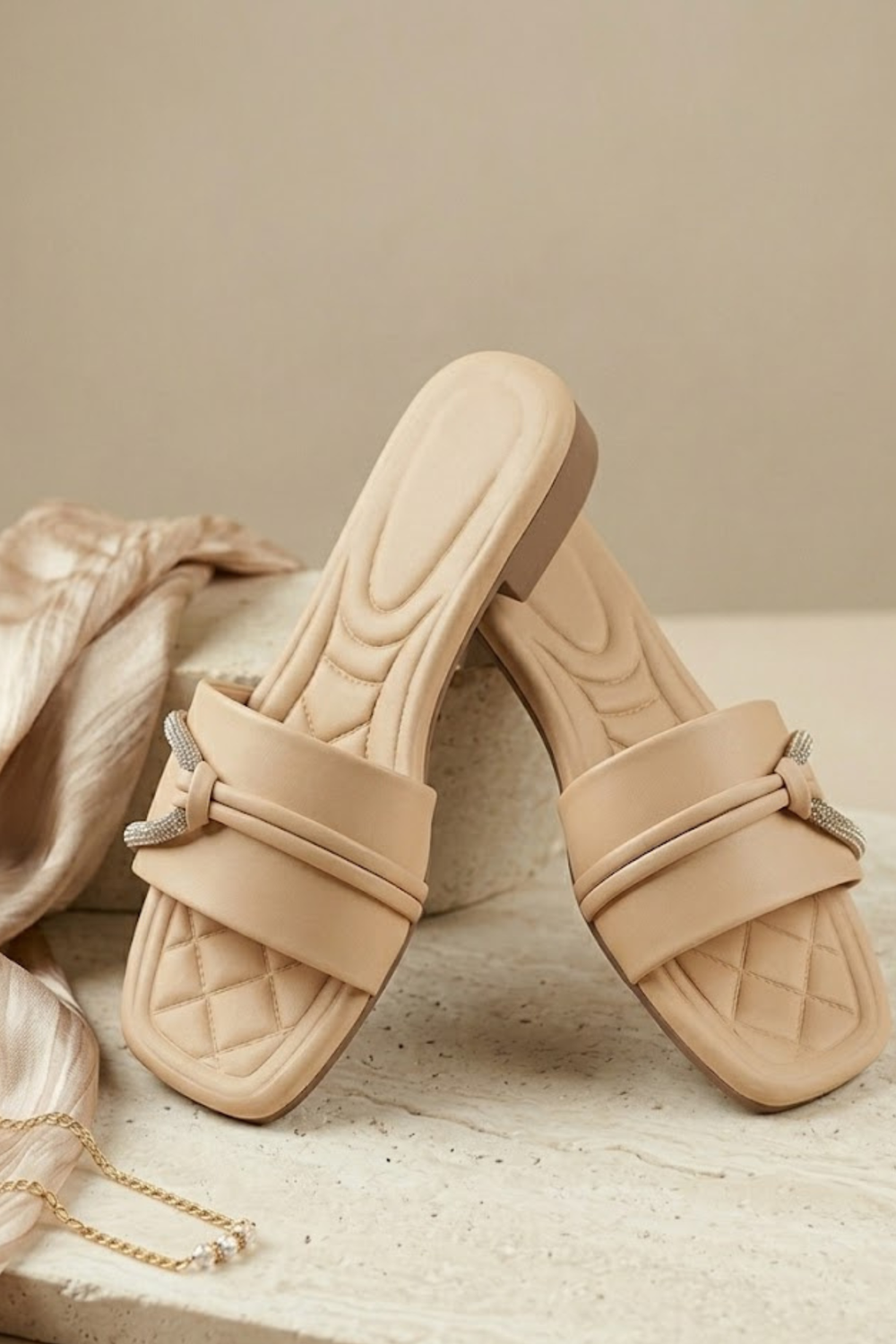 Beige Rexine Ladies Slides Online in Dubai UAE Abudhabi Ajman Sharjah