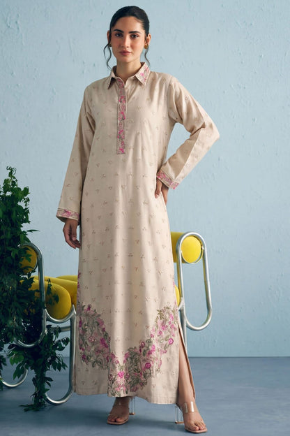 Beige Schiffli Dhanak Kaftan Online in Dubai UAE Abudhabi Ajman Sharjah