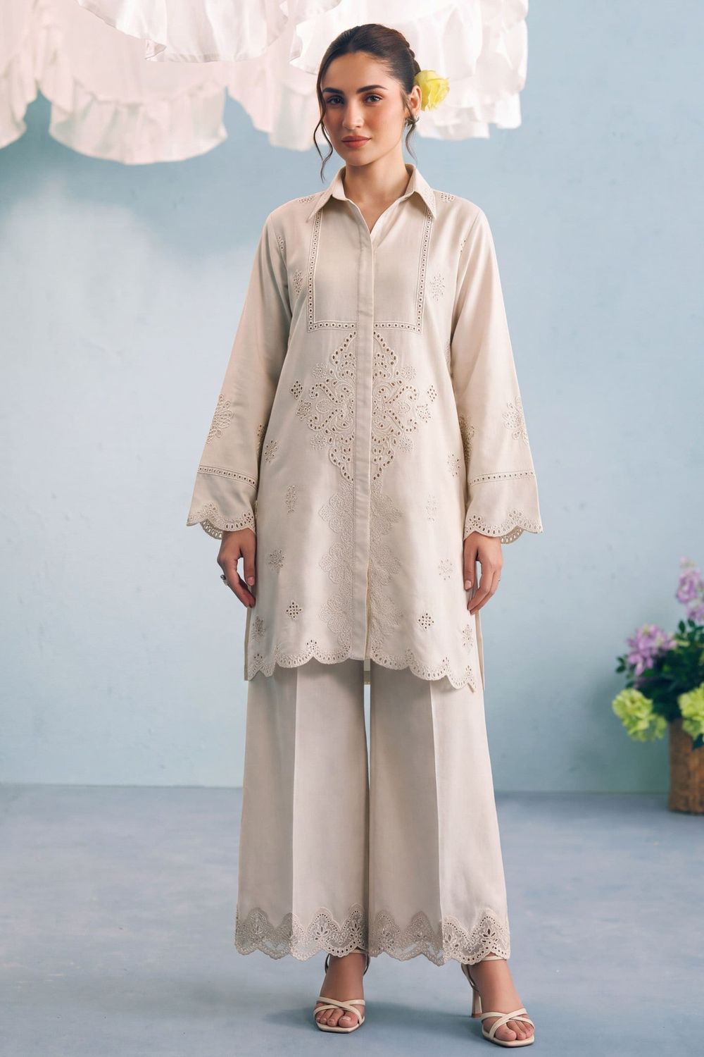 Beige Schiffli Dhanak Tunic & Plazzo Set Online in Dubai UAE Abudhabi Ajman Sharjah