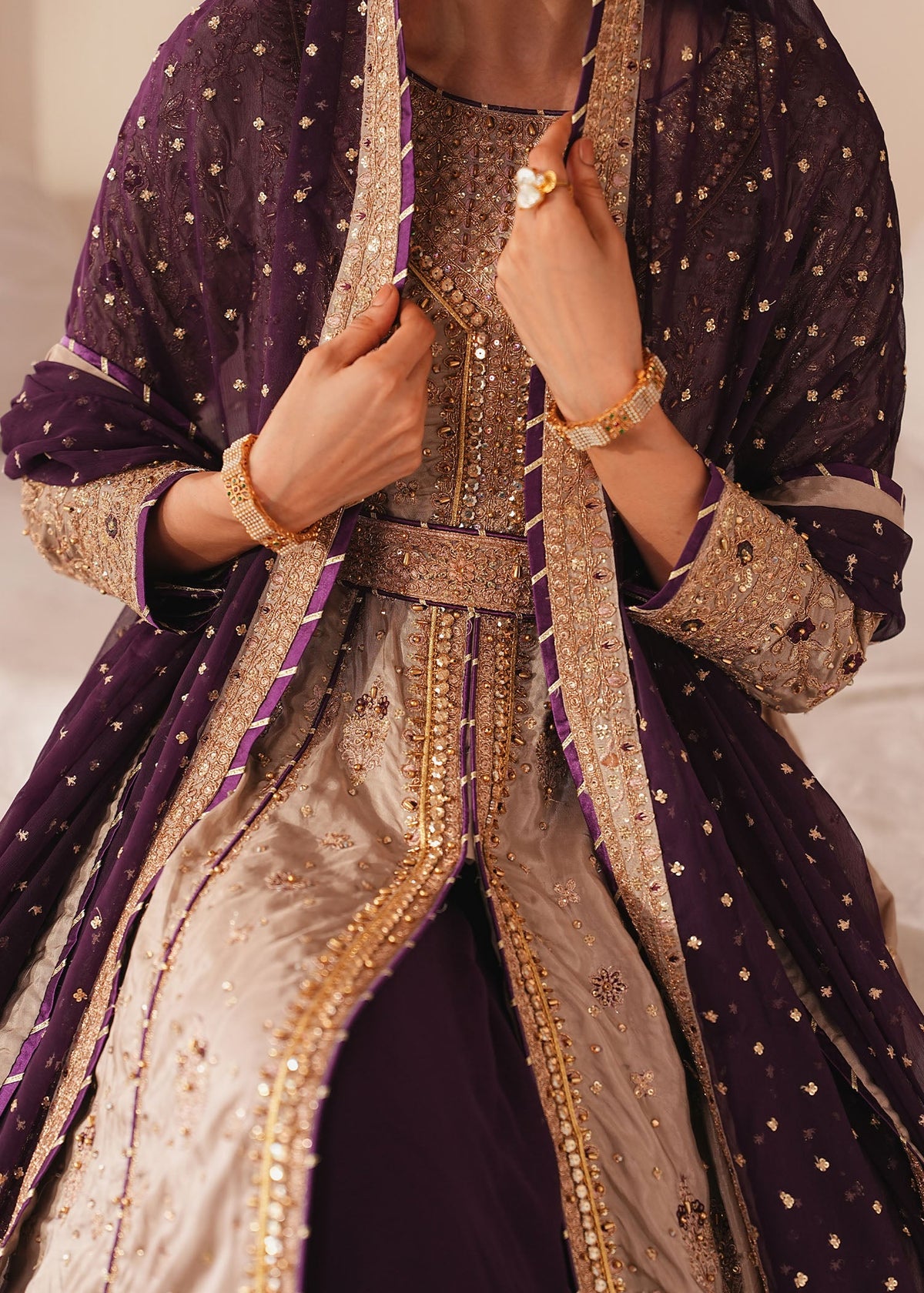 Beige Silk Anarkali Gharara Pakistani Clothes Online in Sri Lanka India Australia