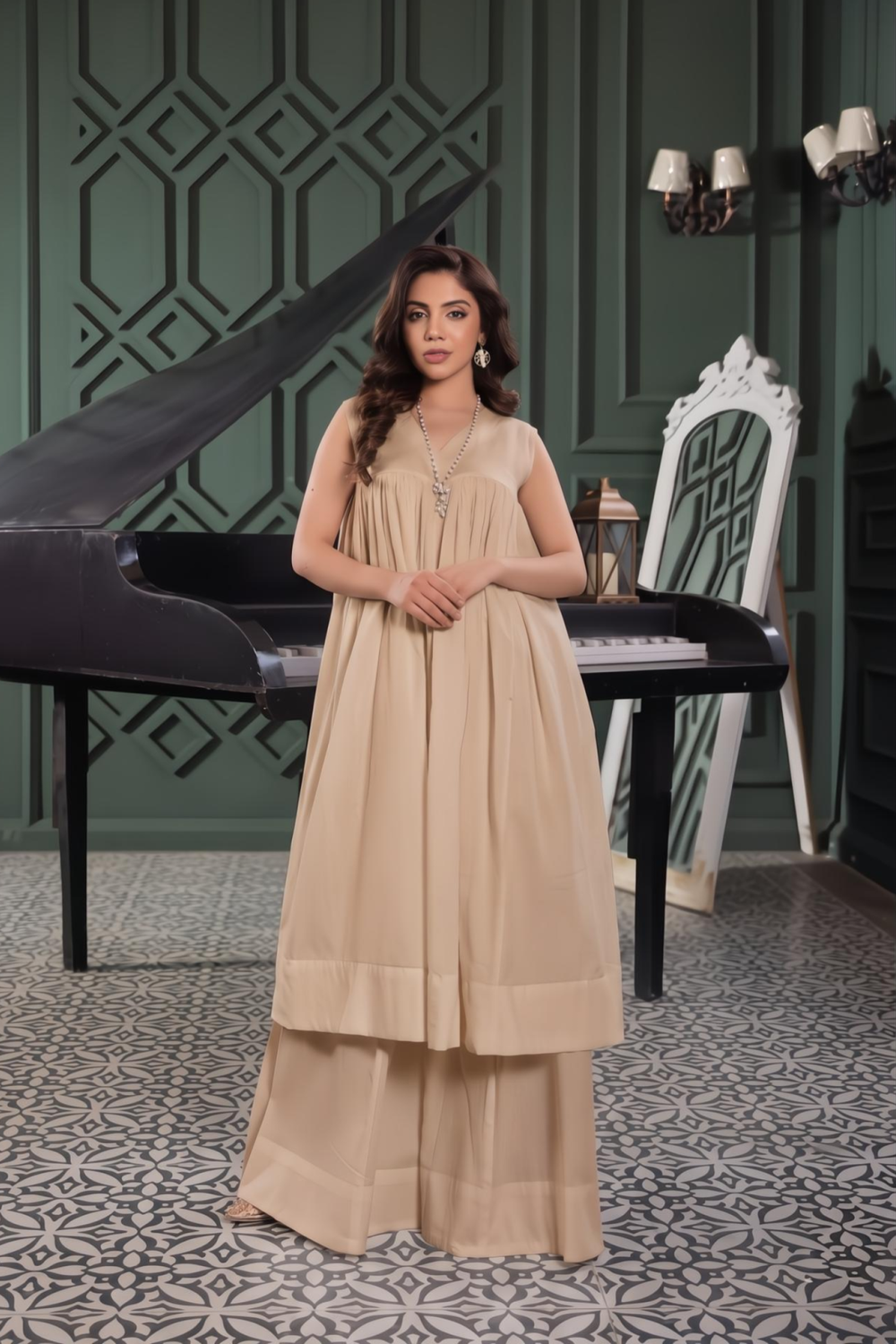 Beige Stitched Lawn Cotton Short Frock Sharara Suit Online in Dubai UAE Abudhabi Ajman Sharjah