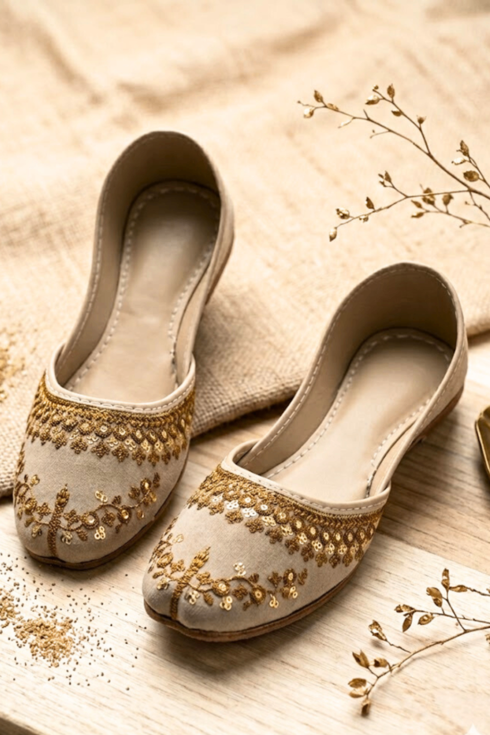 Beige Velvet Embroidered Khussa Online in Dubai UAE Abudhabi Ajman Sharjah