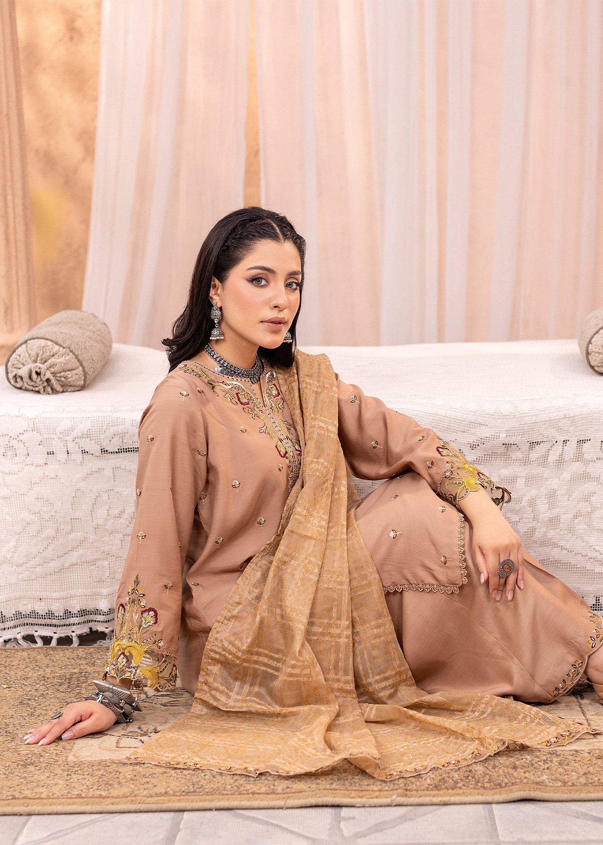 Beige Viscose Embroidered Salwar Kameez Online in KSA Riyadh Saudi Arabia Oman Bahrain Qatar
