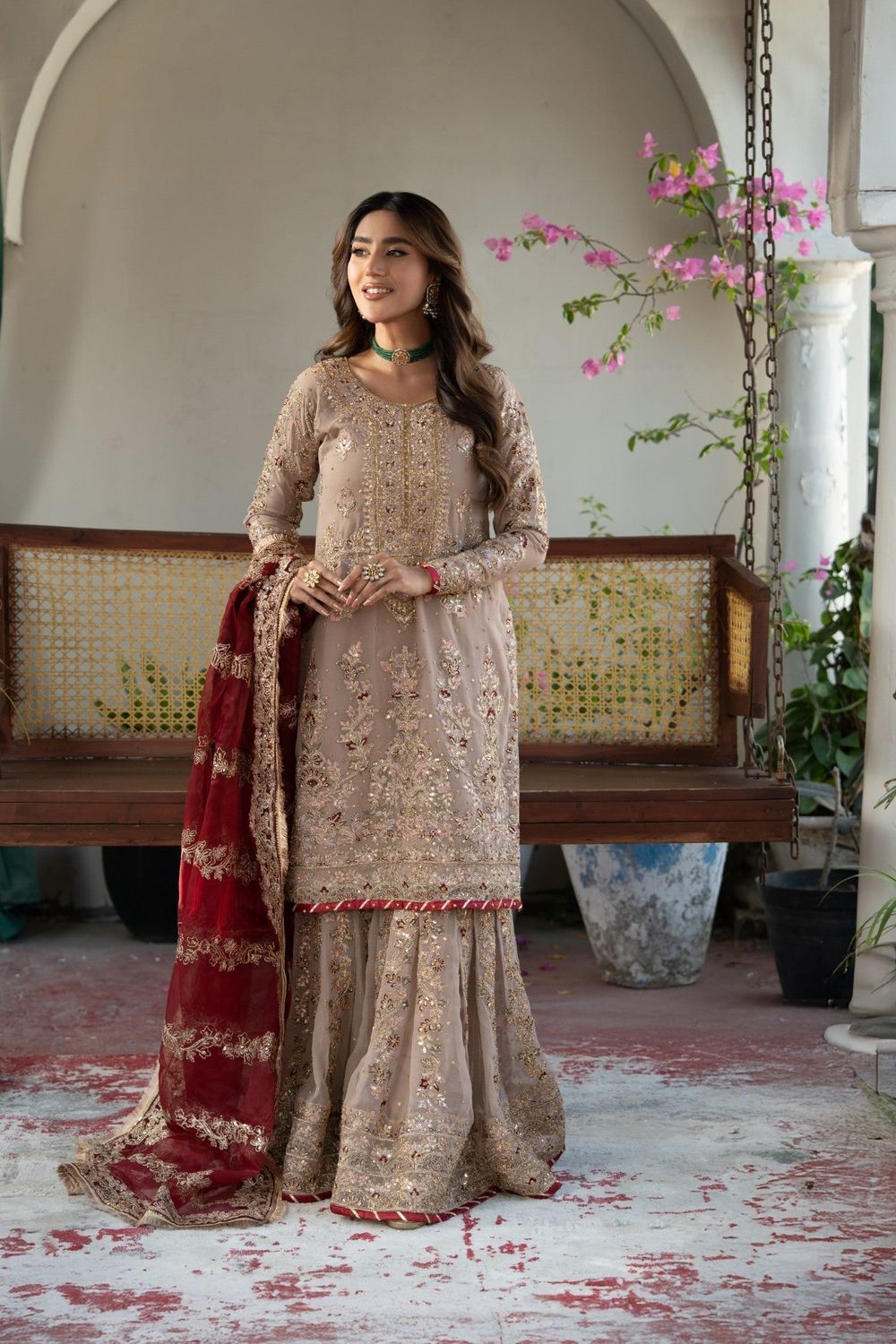 Beige Zardozi Embroidered Chiffon Wedding Gharara Online in Dubai UAE Abudhabi Ajman Sharjah