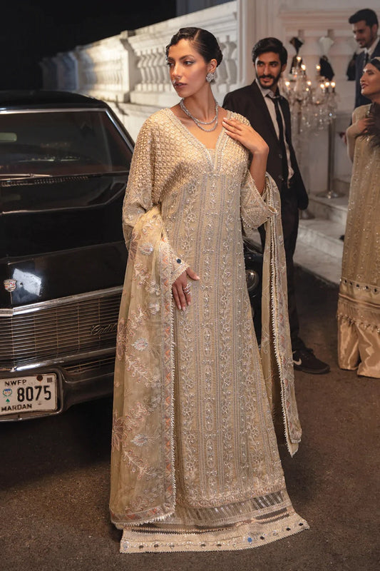 Beige Embroidered Pure Chiffon Suit