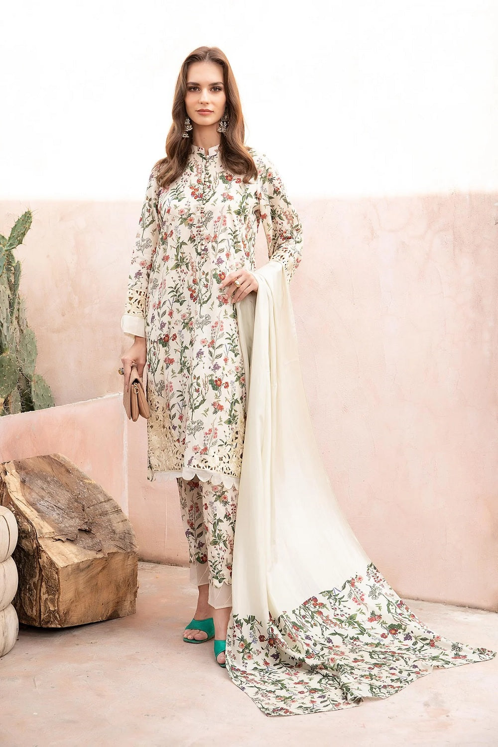 Beige Pure Lawn Suit with Chiffon Dupatta