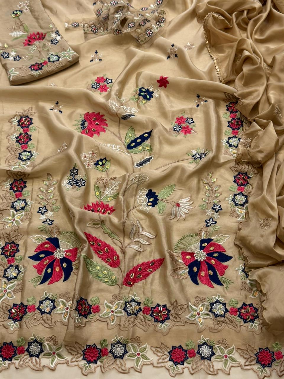 Skin Beige Embellished Silk Kaftan with Dupatta