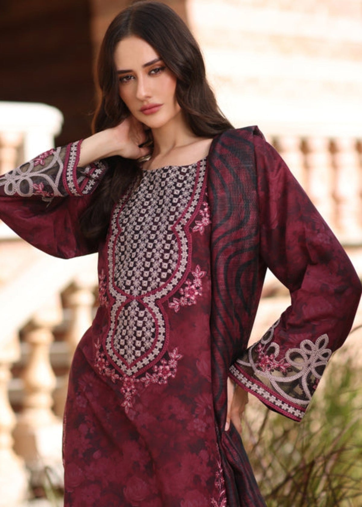 Ladies Maroon 3 Piece Chiffon Salwar Kameez Online in UK USA Canada