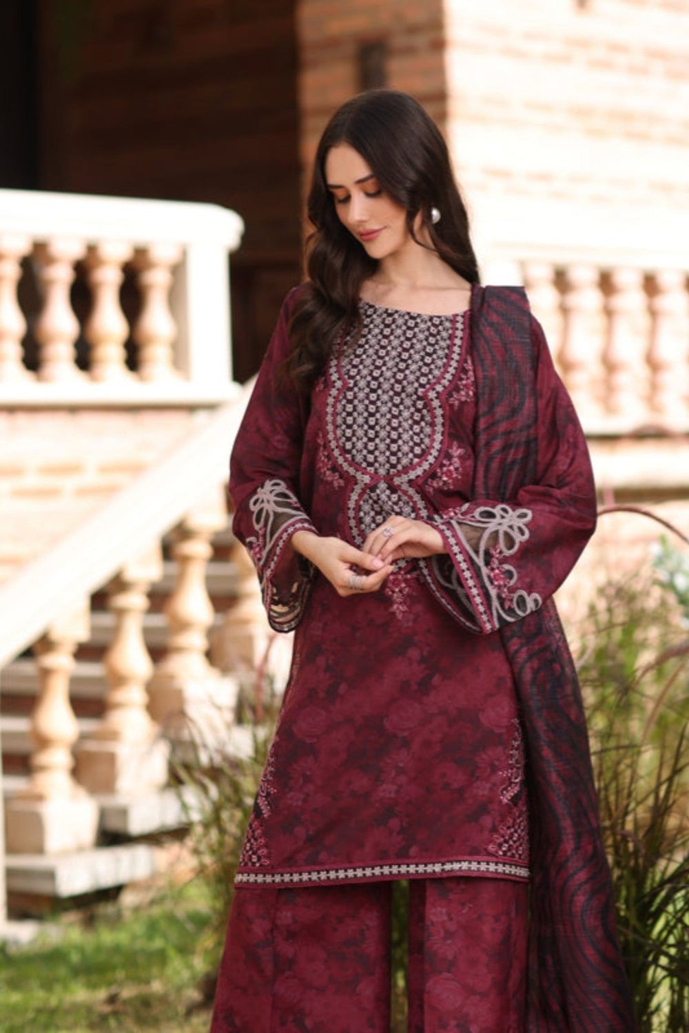 Maroon Bemberg Crinkle Chiffon Straight Cut Kurta Salwar Suit Online in Dubai UAE Abudhabi Ajman Sharjah