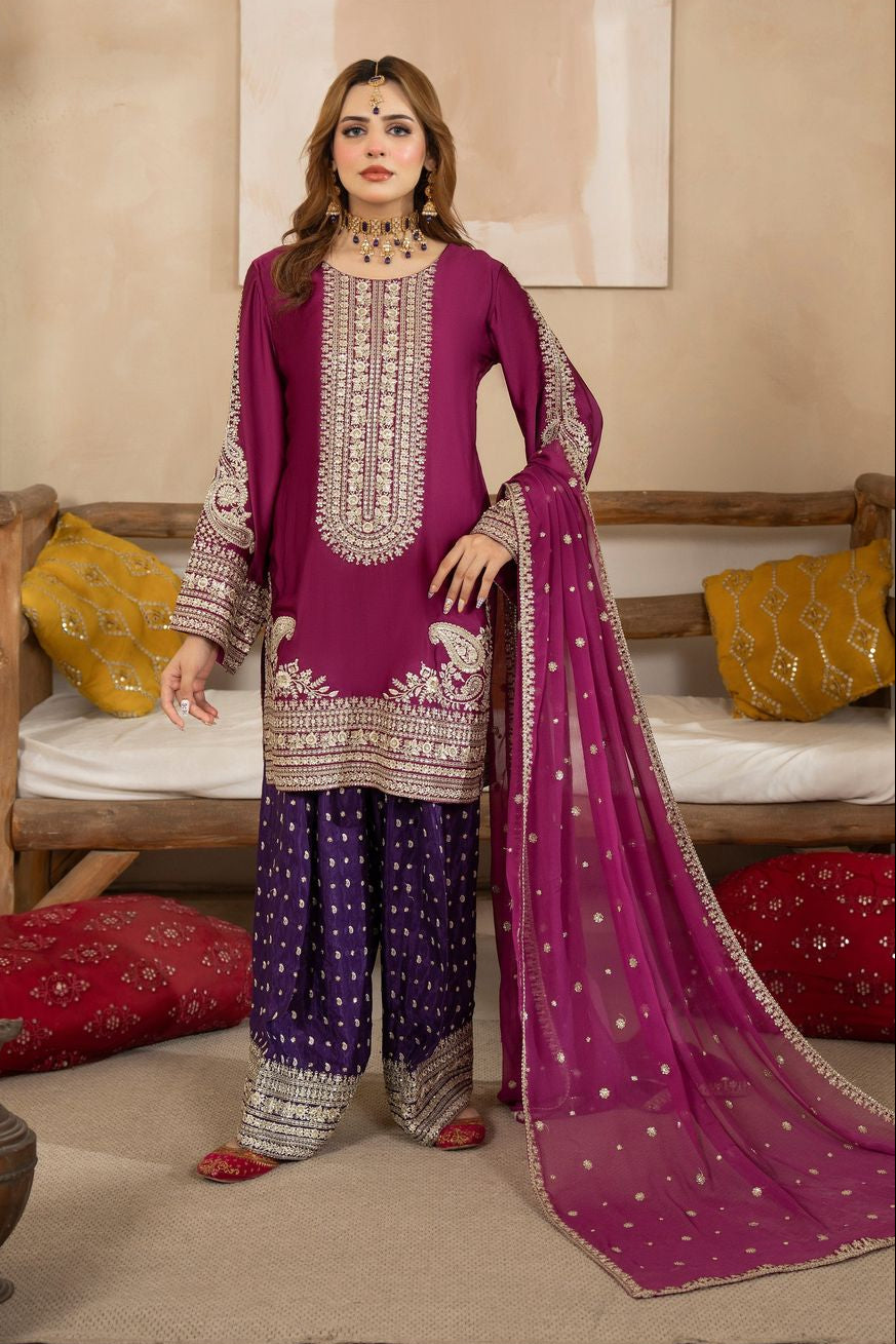 Berry Purple Embroidered Shamoz Silk Pakistani Suit Online in Dubai UAE Abudhabi Ajman Sharjah