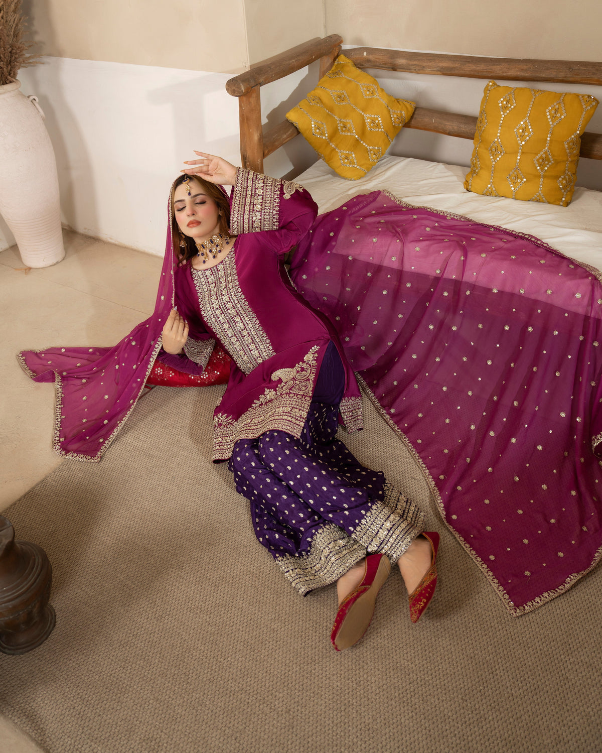 Berry Purple Russian Grip Shalwar and Shamoz Silk Shirt Online in Sri Lanka India Australia