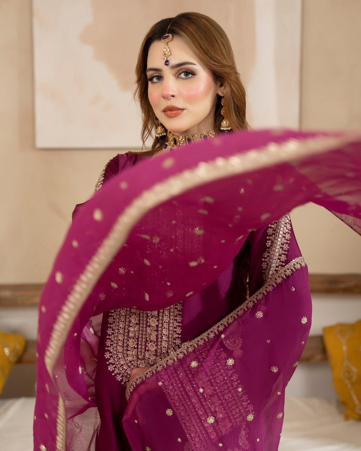 Berry Purple Tilla Sequins Shamoz Silk 3PC Ready to Wear Online in Dubai UAE Abudhabi Ajman Sharjah