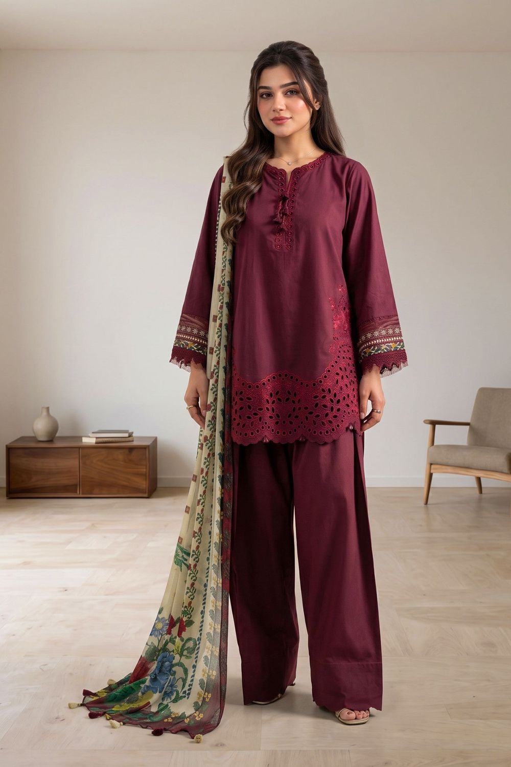 Berry Red Embroidered Lawn Cotton Suit Online in Dubai UAE Abudhabi Ajman Sharjah