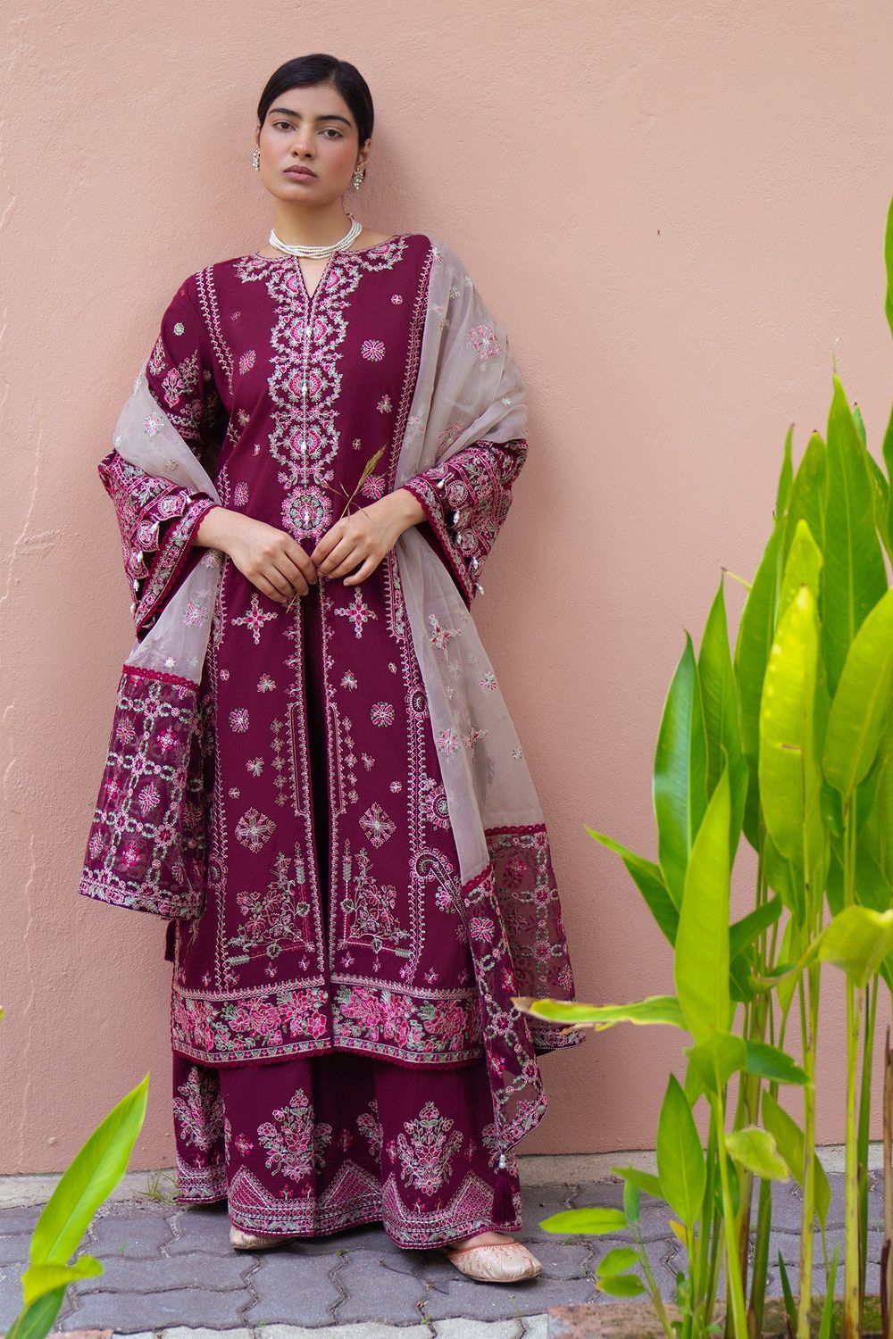Berry Red Embroidered Lawn Festive Suit Online in Dubai UAE Abudhabi Ajman Sharjah