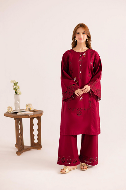 Berry Red Embroidered Lawn Kurta Set Online in Dubai UAE Abudhabi Ajman Sharjah