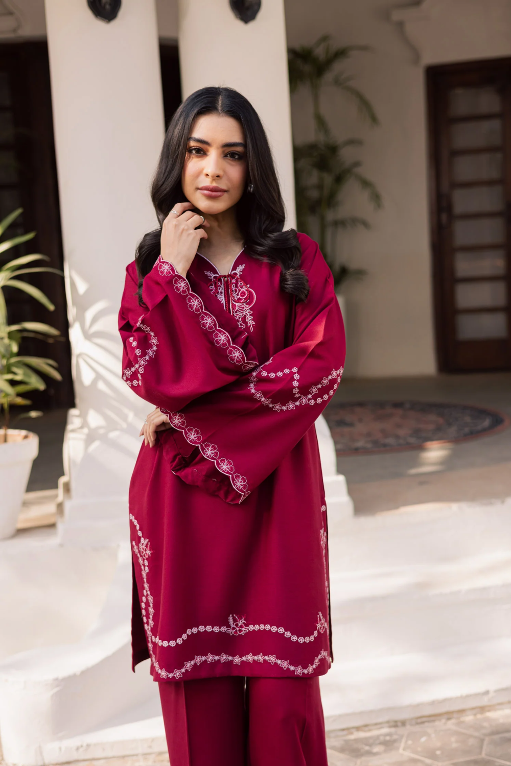 Berry Red Embroidered Marina Kurta Set Online in Dubai UAE Abudhabi Ajman Sharjah
