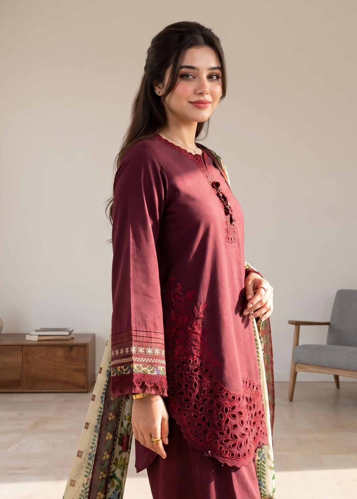 Berry Red Lawn Cotton Straight Trouser Kurta Set Online in Dubai UAE Abudhabi Ajman Sharjah