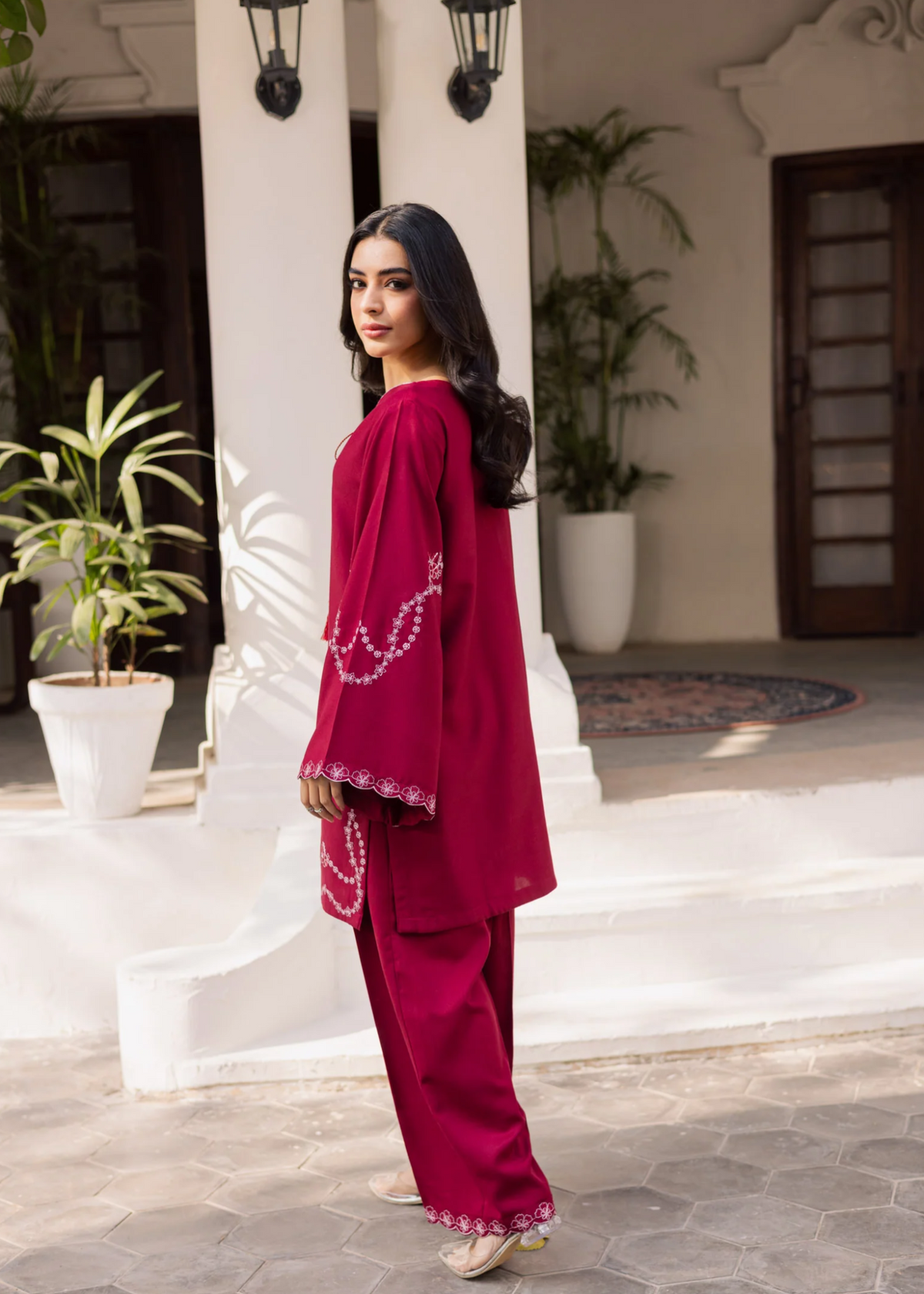 Berry Red Straight Cut Kurta and Trouser Set Online in UK USA Canada