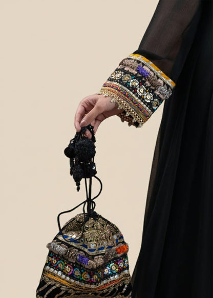 Black 4 Piece Crinkle Chiffon Pishwas Suit with Silk Trouser Online in Dubai UAE Abudhabi Ajman Sharjah