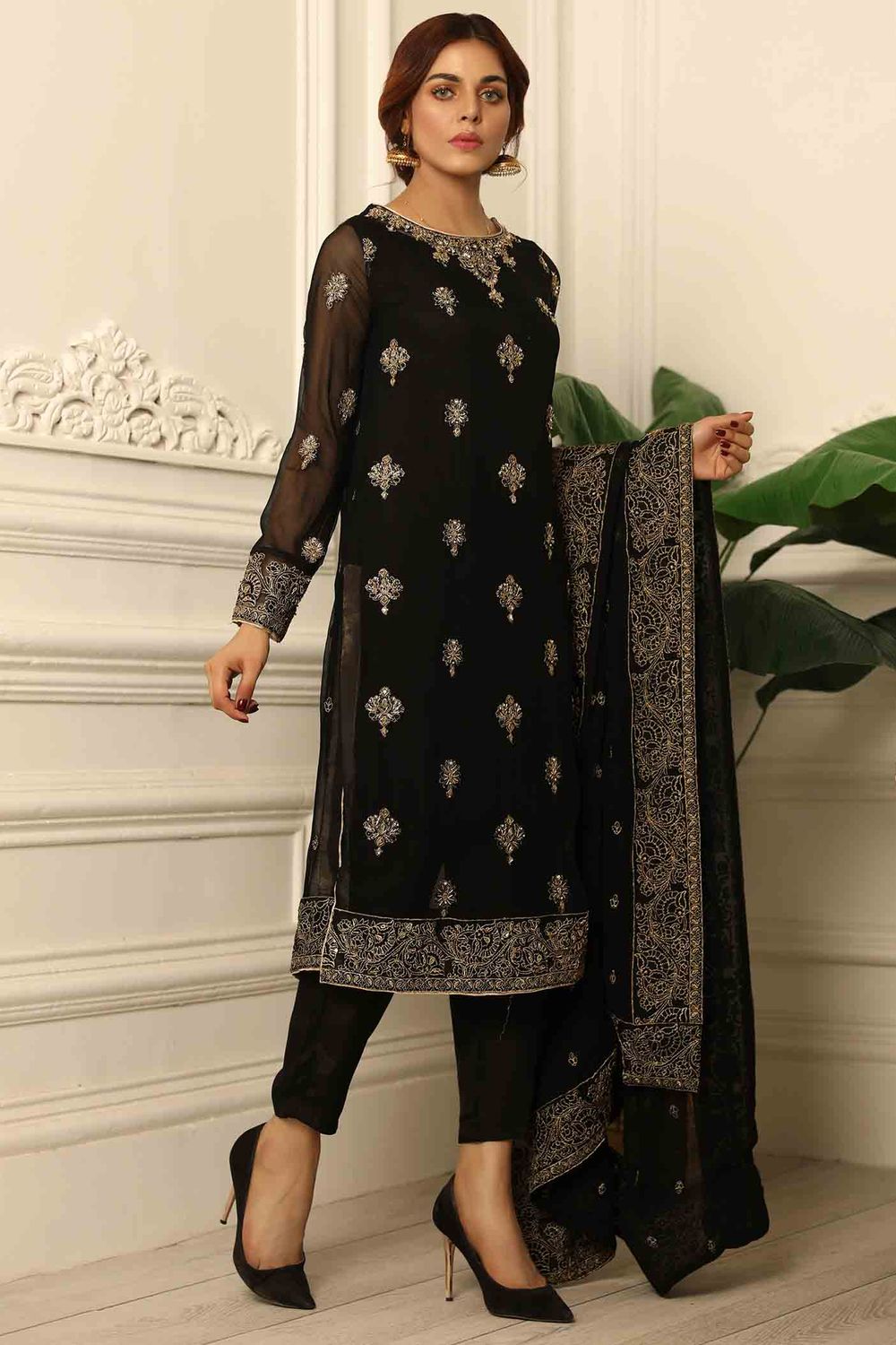 Black Adda Work Chiffon Sharara Suit Online in Dubai UAE Abudhabi Ajman Sharjah