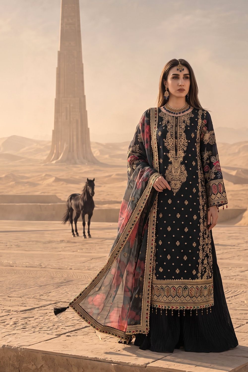 Black Adda Work Organza Pakistani Wedding Sharara Online in Dubai UAE Abudhabi Ajman Sharjah