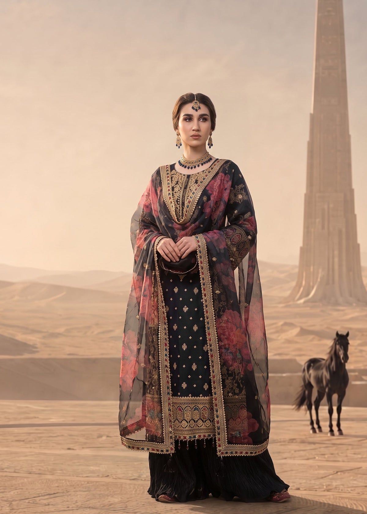Black Adda Work Organza Wedding and Bridal Sharara Online in Dubai DXB UAE Abudhabi Meena Bazaar