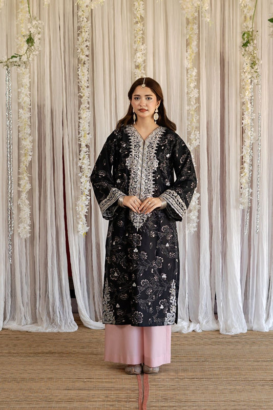 Black and Pink Floral Print Lawn Kurta Set Online in Dubai UAE Abudhabi Ajman Sharjah