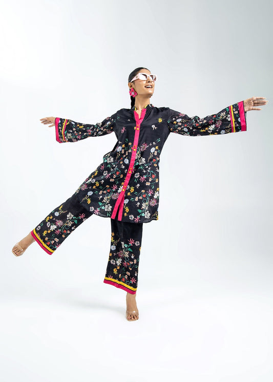 Black and Pink Raw Silk Culottes Set Online in Sri Lanka India Australia