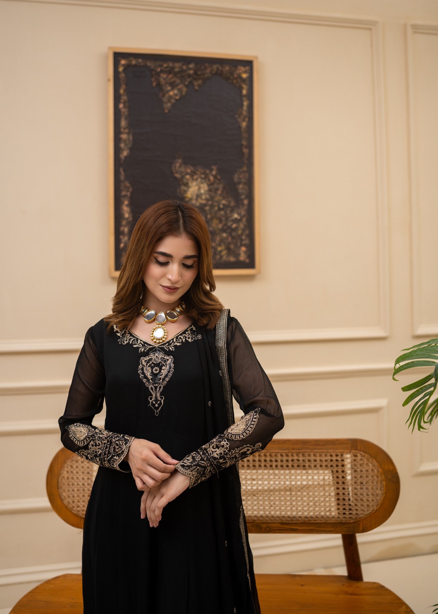 Black Bemberg Crinkle Chiffon Embroidered Top Bottom Dupatta Online in KSA Riyadh Saudi Arabia Oman Bahrain Qatar