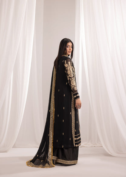 Black Bemberg Crinkle Chiffon Pakistani Designer Suit Online in KSA Riyadh Saudi Arabia Oman Bahrain Qatar