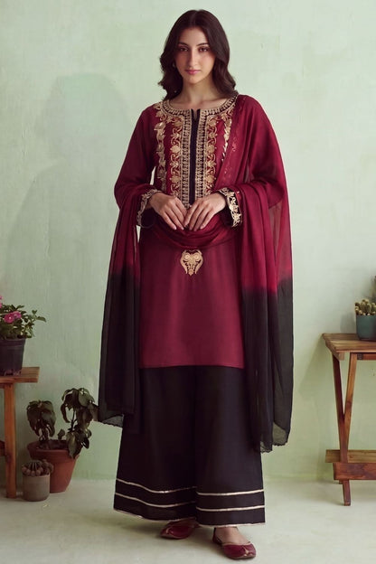 Black Berry Red Embroidered Khaddar Sharara Online in Dubai UAE Abudhabi Ajman Sharjah