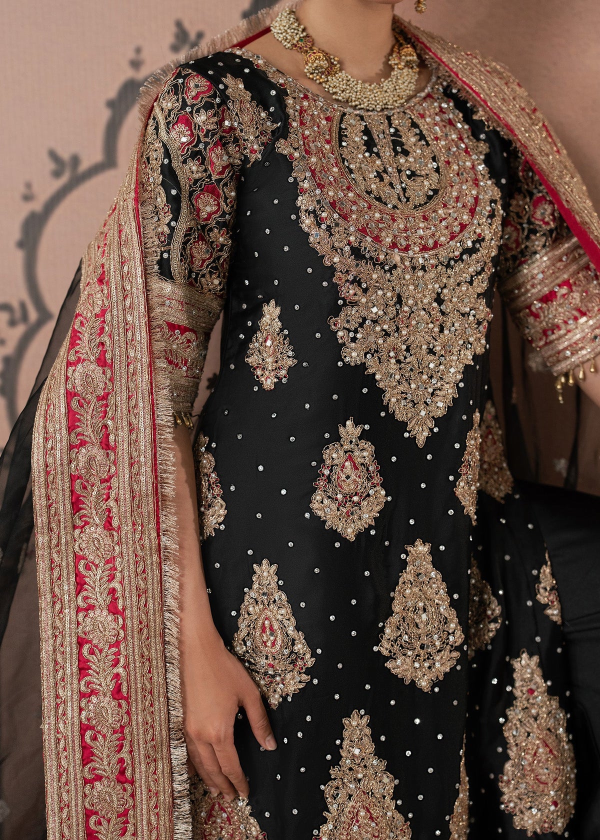 Black Charmuse Embroidered Pakistani Wedding Suit Online in Dubai DXB UAE Abudhabi Meena Bazaar