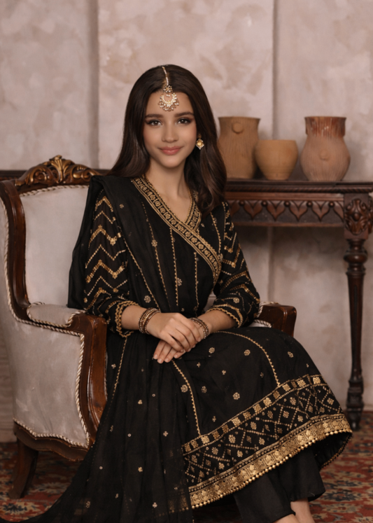 Black Chiffon Angrakha Embroidered Suit Online in Sri Lanka India Australia
