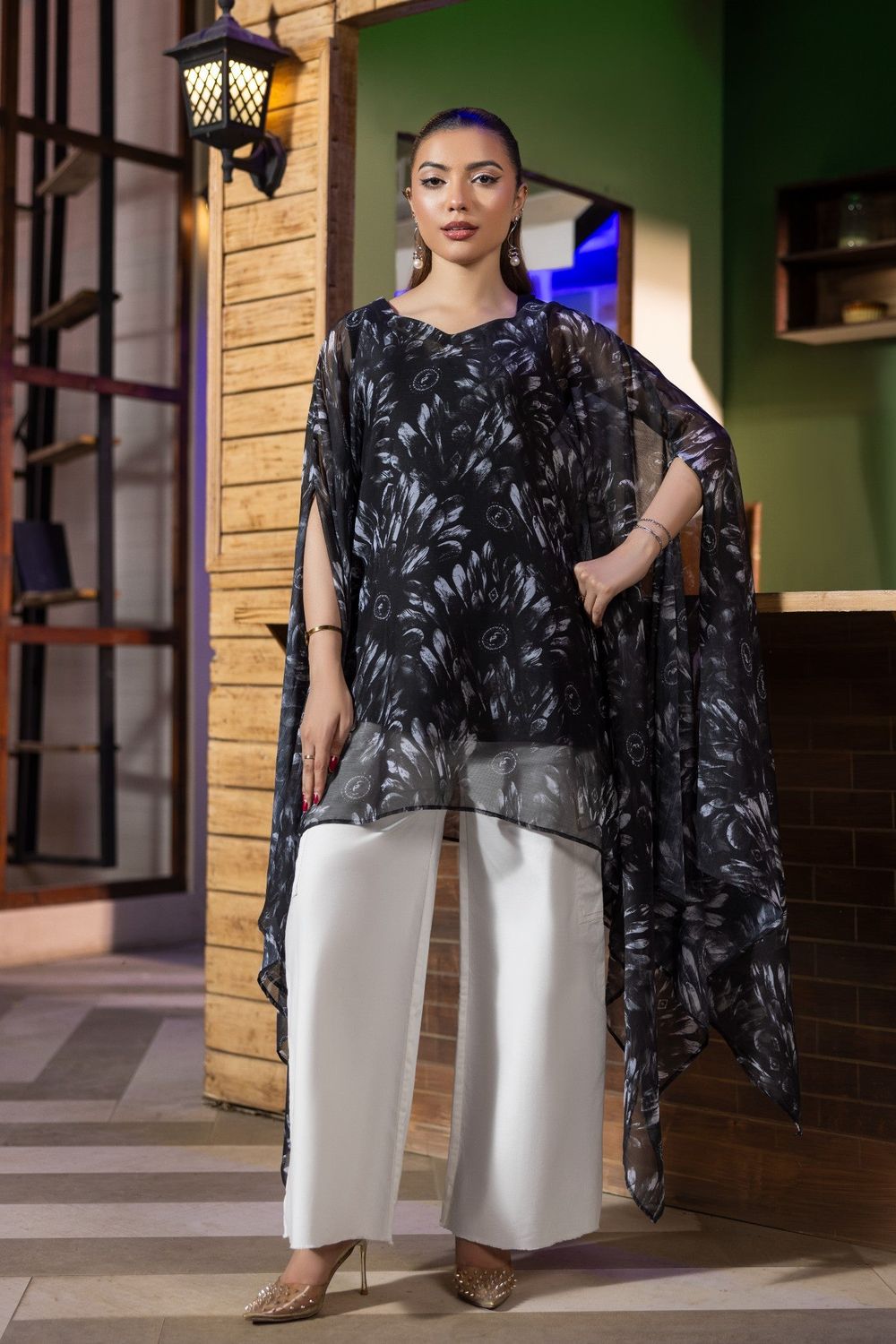 Black Chiffon Cape Kaftan Kurta Set Online in Dubai UAE Abudhabi Ajman Sharjah