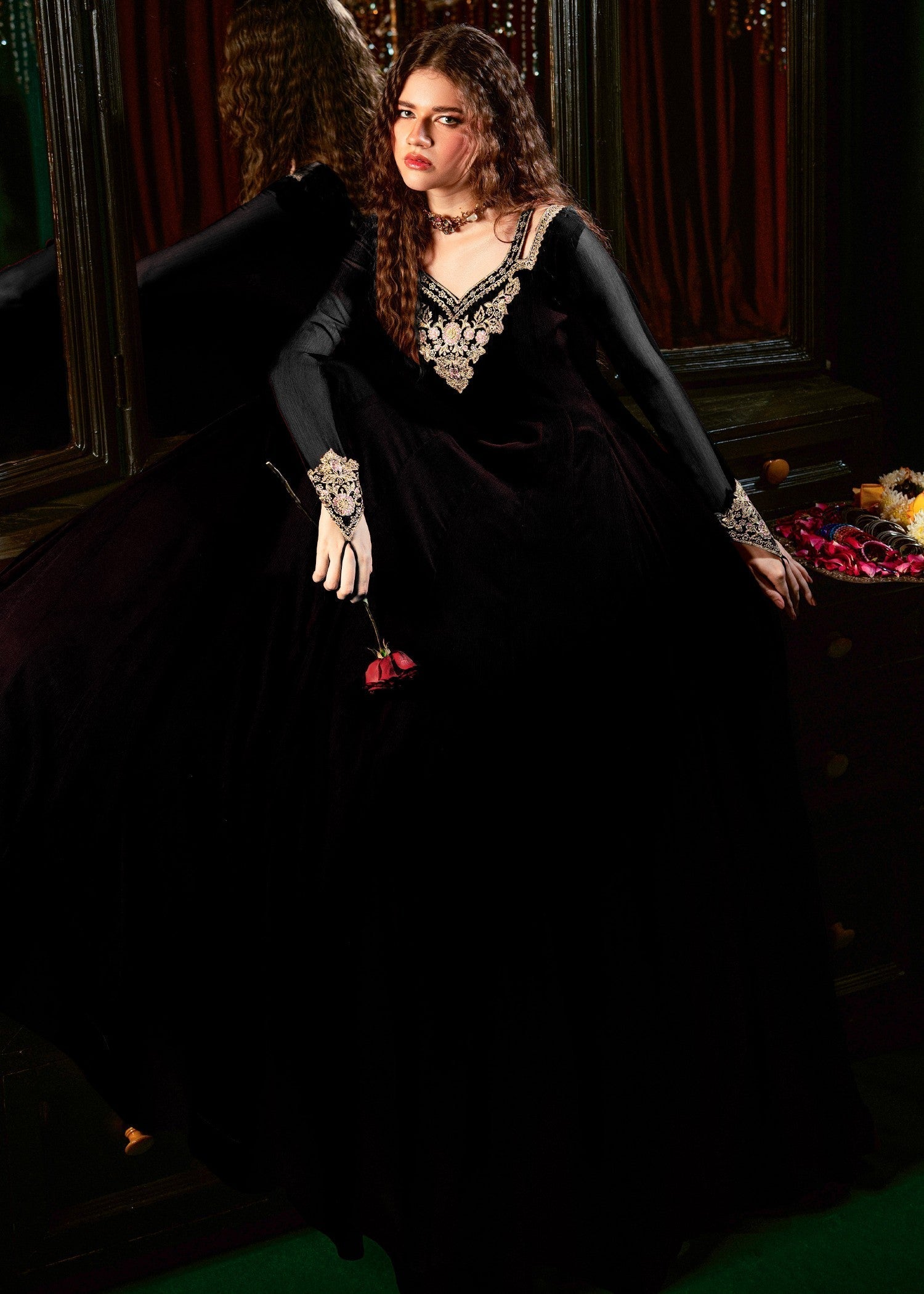 Black Chiffon Embellished Pishwas for Women Online in Dubai UAE Abudhabi Ajman Sharjah