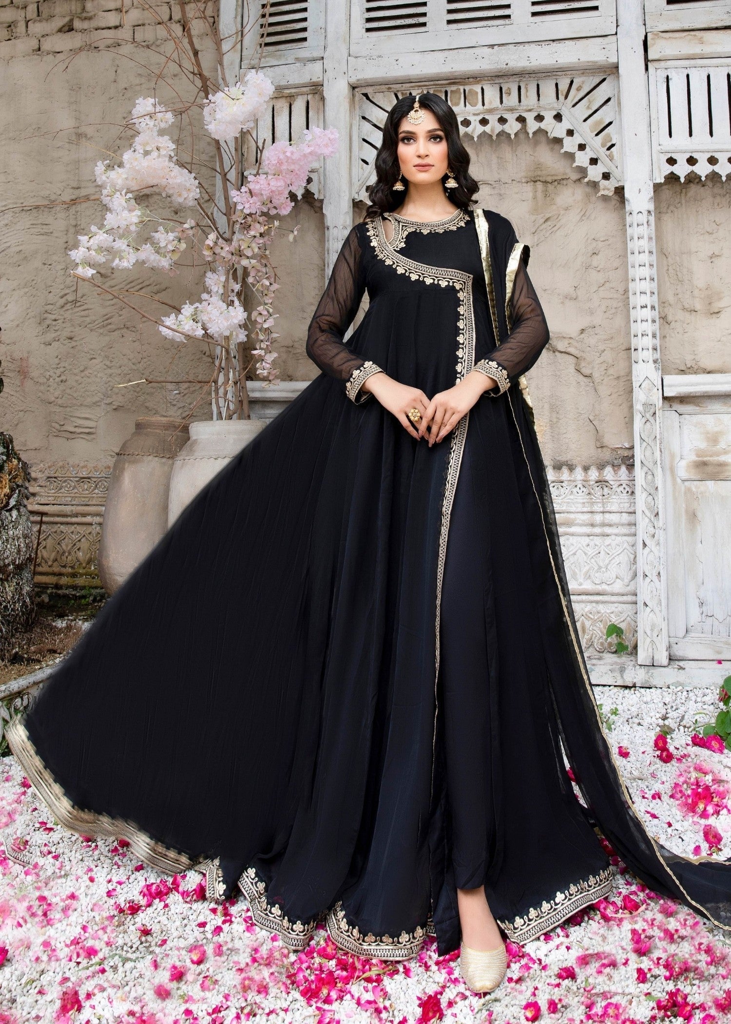 Black Chiffon Embroidered Angrakha Top with Gharara Online in Dubai UAE Abudhabi Ajman Sharjah