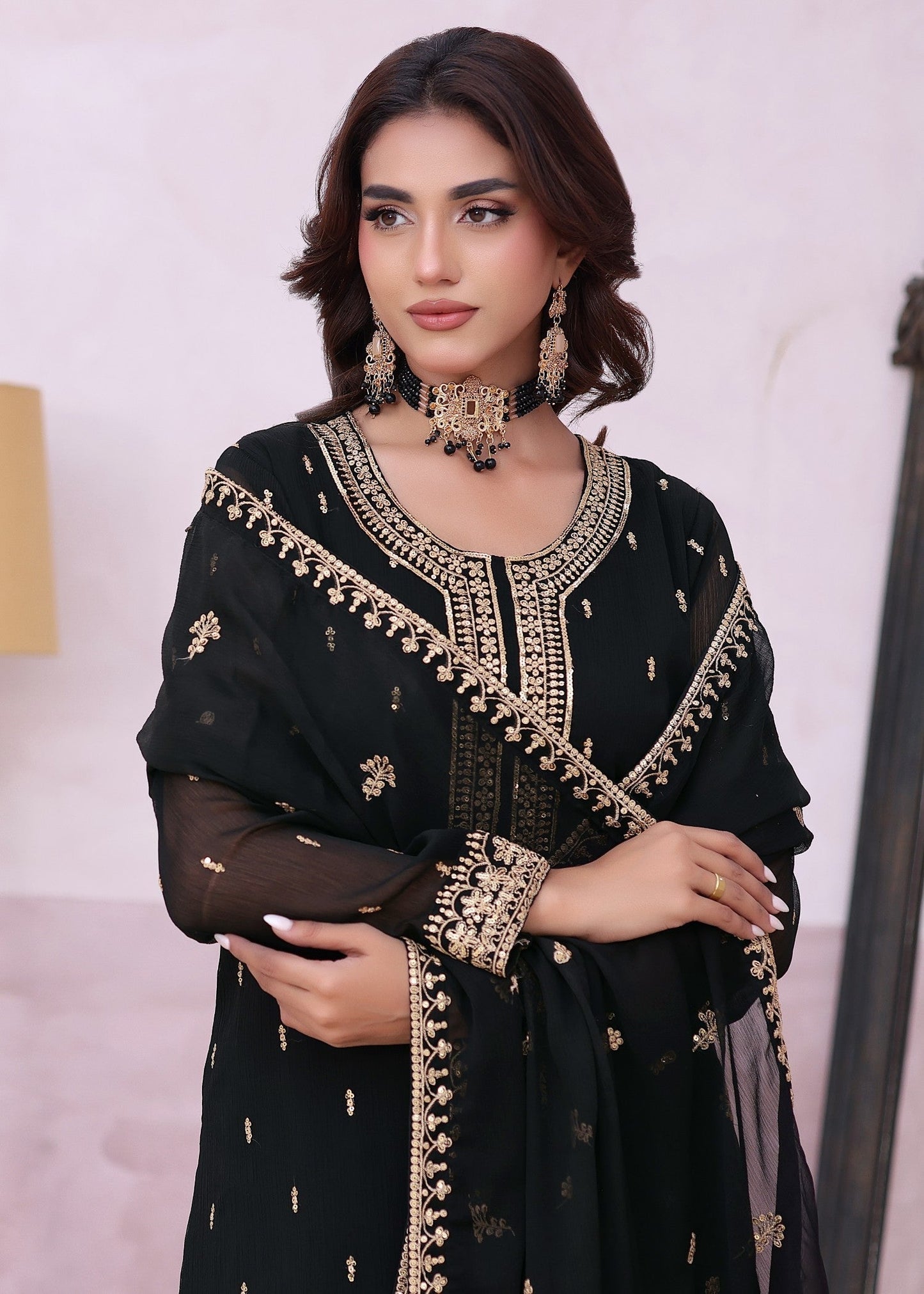 Black Chiffon Embroidered Festive Suit Online in Dubai DXB UAE Abudhabi Meena Bazaar