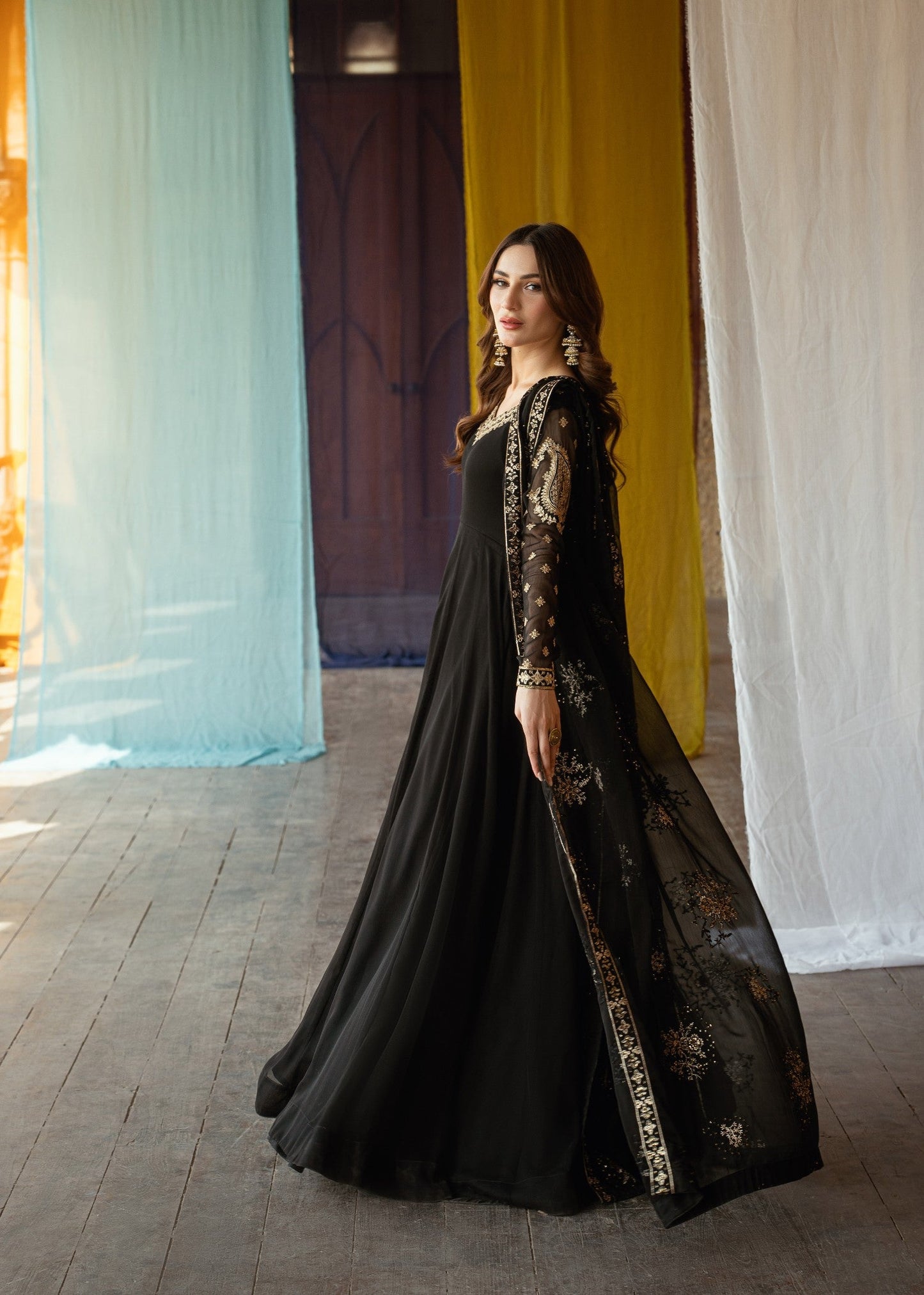 Black Chiffon Embroidered Pishwas Partywear Suit Online in Dubai DXB UAE Abudhabi Meena Bazaar