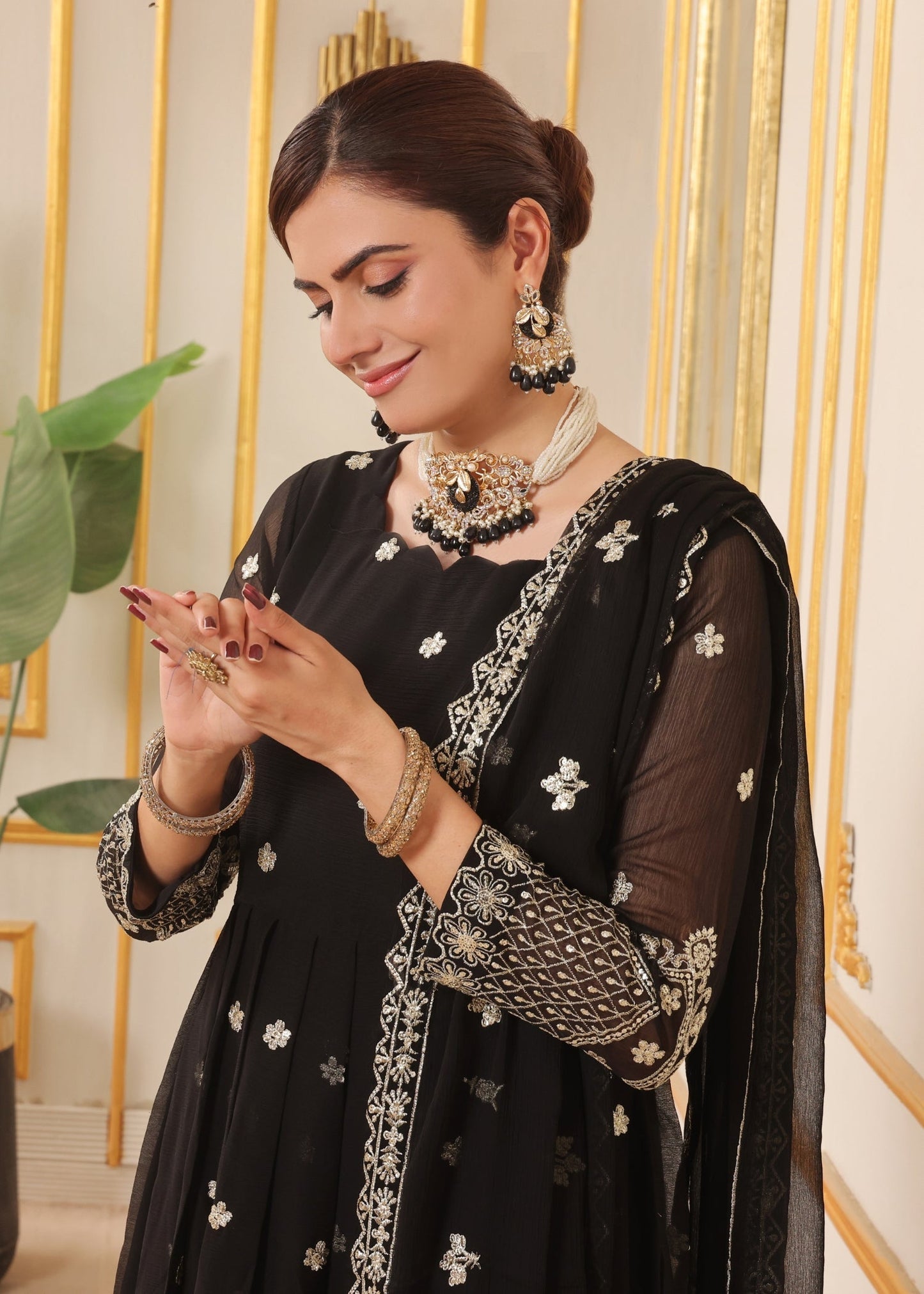 Black Chiffon Flared Pishwas Embellished Suit Online in Dubai DXB UAE Abudhabi Meena Bazaar