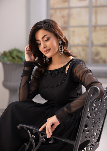 Black Chiffon Kurta Set with Straight Trouser Online in Dubai DXB UAE Abudhabi Meena Bazaar