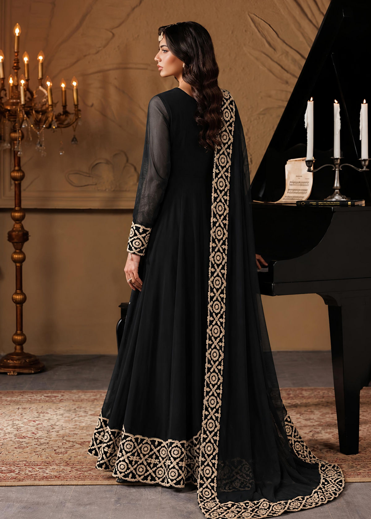Black Chiffon Maxi Dress with Dupatta Online in Sri Lanka India Australia