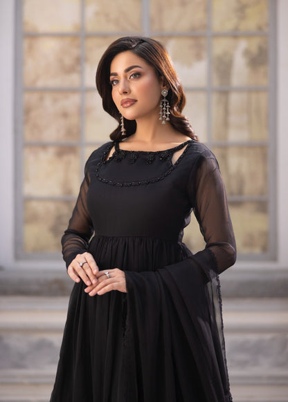 Black Chiffon Pakistani Designer Suit Online in KSA Riyadh Saudi Arabia Oman Bahrain Qatar