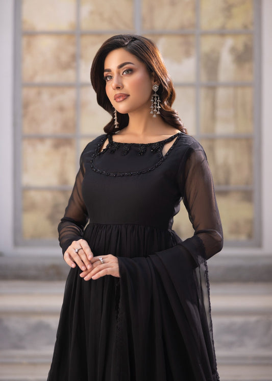 Black Chiffon Pakistani Designer Suit Online in KSA Riyadh Saudi Arabia Oman Bahrain Qatar